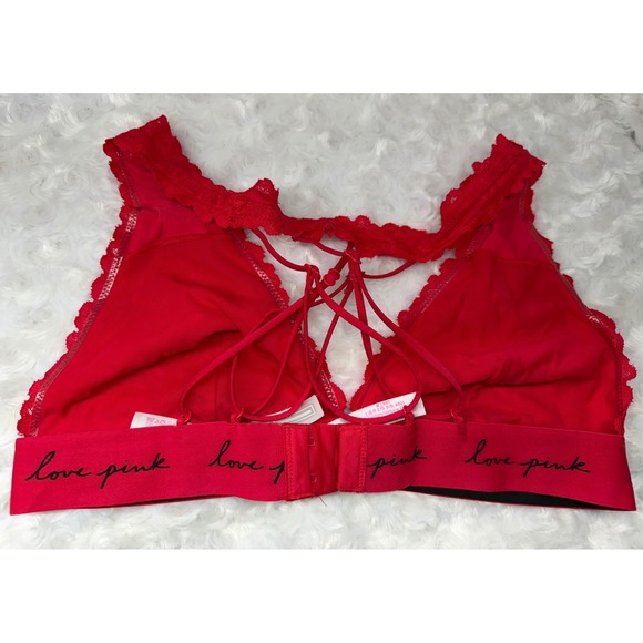 Victorias Secret PINK Red Floral Lace Strappy Back Bralette Love Band Medium - Picture 3 of 6